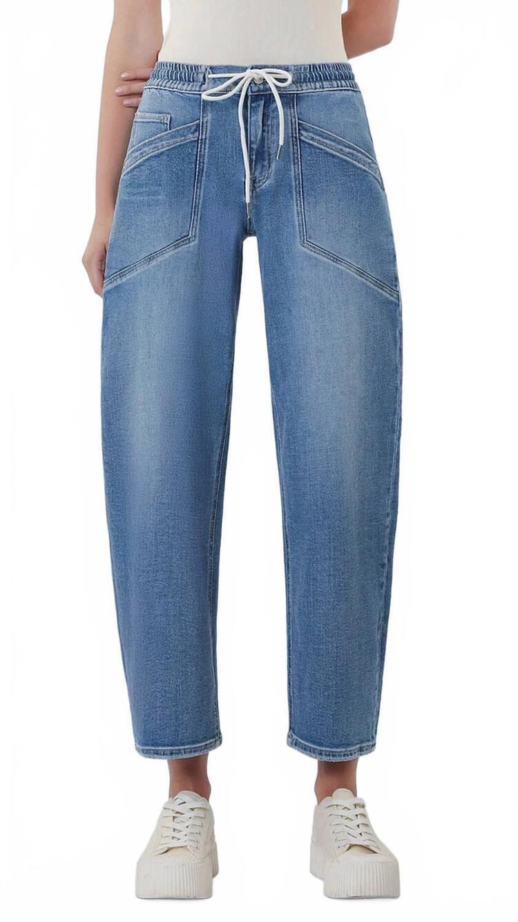NEW VERVET BY FLYING MONKEY high rise elastic waistband wide barrel jeans in blu
